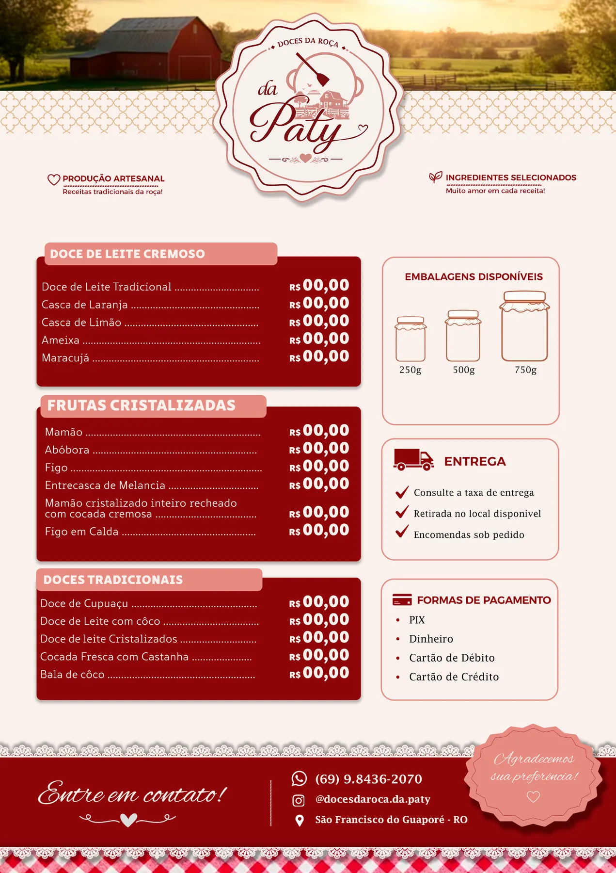 Tabela de produtos — Doces da Roça da Paty